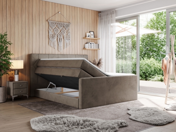 Boxspringbett KING EIGAR, mit einer Doppelmatratze, einem genähten Kopfteil - 140x200 - Braun Velours - H4 Bild 2