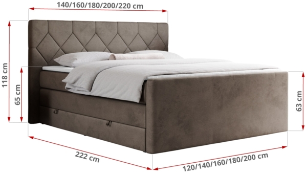 Boxspringbett KING EIGAR, mit einer Doppelmatratze, einem genähten Kopfteil - 140x200 - Braun Velours - H4 Bild 5