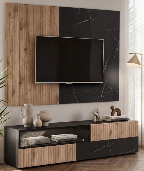 TV-Lowboard Set Starlet in schwarz, Vicking Eiche und Marmor schwarz 160 cm