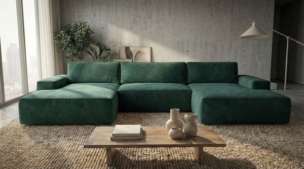 Ecksofa EINAR 362x170 cm mit Schlaffunktion, Bonellfederkern und Bettkasten, Farbe: Grün