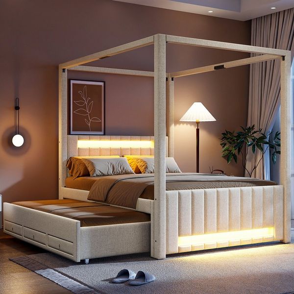 Odikalo Polsterbett 140x200 Himmelbett mit Ausziehbett LED & Schubladen (mit Ausziehbett und drei Schubladen, LED-Beleuchtung)