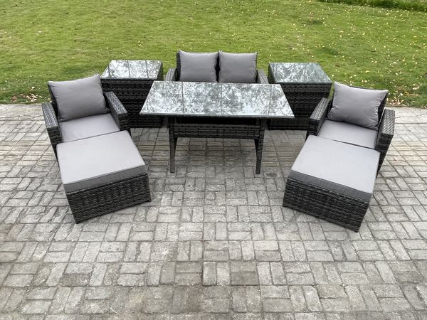 Fimous Outdoor Gartenmöbel Set Rattan Rechteckiger Esstisch mit Doppelsitzsofa Sesseln 2 Großer Hockern 2 Beistelltischen 6 Sitzer Dunkelgrau gemischt