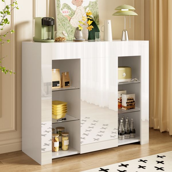 Sideboard 95x35x83 cm - Modernes Buffet mit Hochglanz-Front & Glasregalen