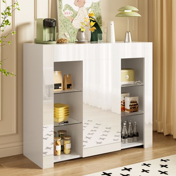 Sideboard 95x35x83 cm - Modernes Buffet mit Hochglanz-Front & Glasregalen