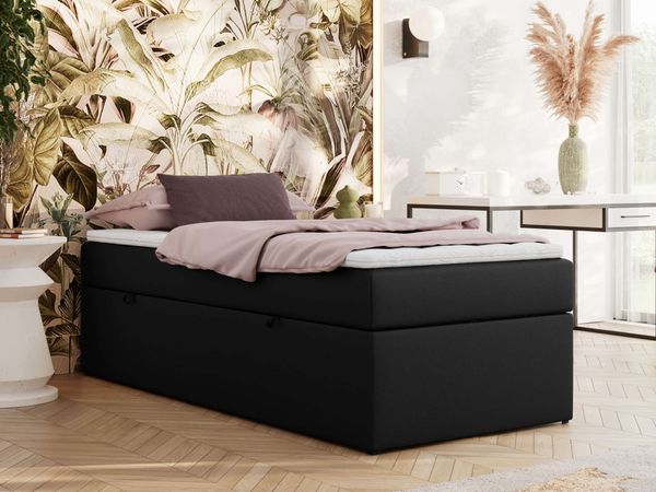 Boxspringbett 90x200 Polsterbett ZERO 90 Einzelbett ohne Kopfteil, inkl. Stauraum & Multipocket-Matratze, Hotelbett - Schwarz Kunstleder - H3 - Topper T25
