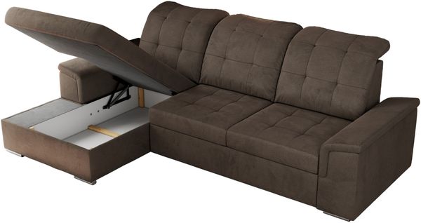 L-förmige Ecksofa mit gesteppter Sitzfläche und Rückenlehne, verstellbare Rückenkissen, Schlaffunktion und Bettkasten - MADRITO - Braun Velours - linke Seite Bild 6