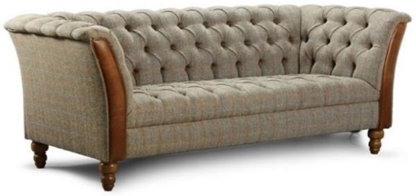 Casa Padrino Luxus Chesterfield 3er Sofa Grau / Braun 213 x 87 x H. 77 cm - Wohnzimmer Sofa mit Echtleder - Chesterfield Wohnzimmer Möbel