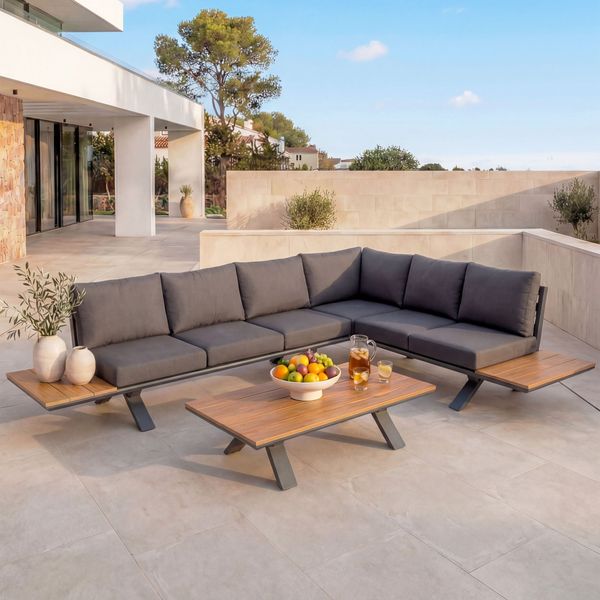 Aluminium Garten-Garnitur HWC-M62, Sitzgruppe Garten-/Lounge-Set Sofa, Holzoptik ~ Gestell anthrazit, Polster dunkelgrau