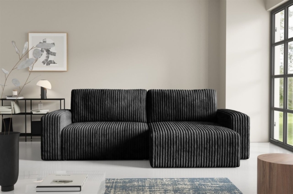 Ecksofa mit Schlaffunktion NATALIA in Stoff Tilia Schwarz Ottomane Rechts