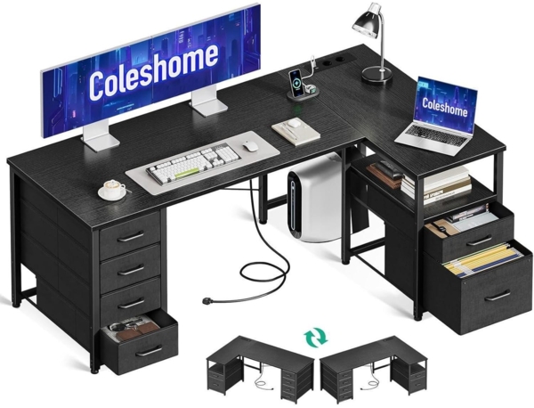 L-förmiger Schreibtisch mit Stoff Schubladen, Aktenschublade, USB-Ladeanschluss