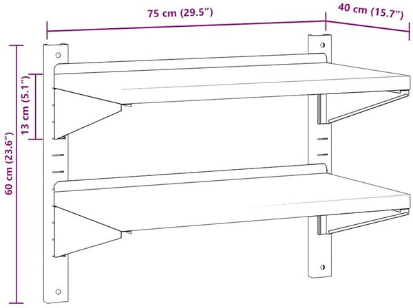 vidaXL Wandregal mit 2 Böden 75x40x60 cm Silbern Edelstahl 30312 Bild 11