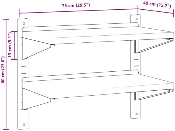 vidaXL Wandregal mit 2 Böden 75x40x60 cm Silbern Edelstahl 30312 Bild 10