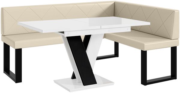 MEBLINI Eckbank für Esszimmer mit ausziehbarem Tisch - Küchenbank - Essecke - Sitzecke Küche - ERIC - U-Beine 128x168x87cm Rechts - Creme Kunstleder/M Weiß-Schwarz Hochgl.