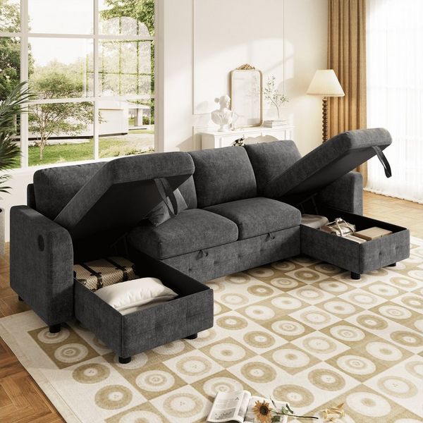 BlingBin Wohnlandschaft U-Form Schlafsofa Sofa mit Schlaffunktion und Stauraum USB Anschluss, 4 Packung 1 Teile, 2Stauraum Chaiselongues Modernes Modulares Wohnzimmer Ecksofa Chenille