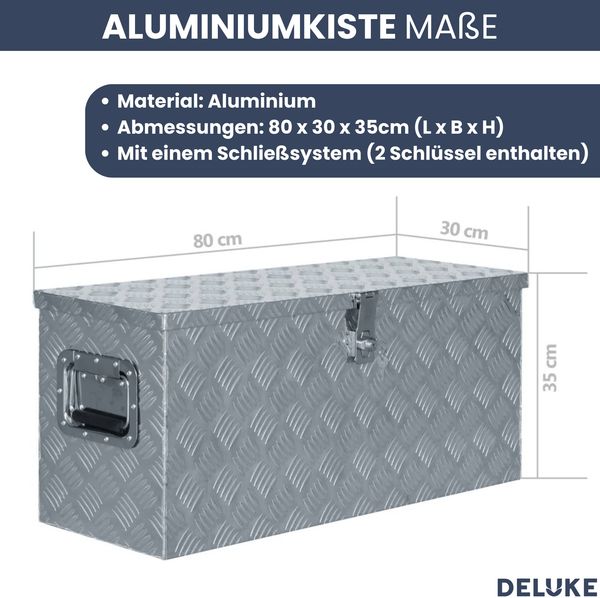 Aluminiumbox mit Deckel - Abschließbar | Alubox Deichselbox Alu Anhängerbox Werkzeugkiste Metall Transportbox Metallkiste, 80x30x35cm Silber Bild 3