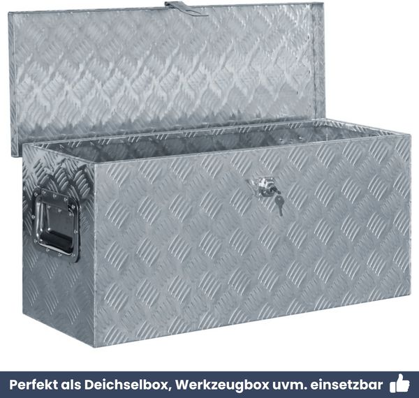 Aluminiumbox mit Deckel - Abschließbar | Alubox Deichselbox Alu Anhängerbox Werkzeugkiste Metall Transportbox Metallkiste, 80x30x35cm Silber Bild 6