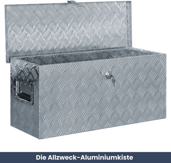 Aluminiumbox mit Deckel - Abschließbar | Alubox Deichselbox Alu Anhängerbox Werkzeugkiste Metall Transportbox Metallkiste, 80x30x35cm Silber Bild 2
