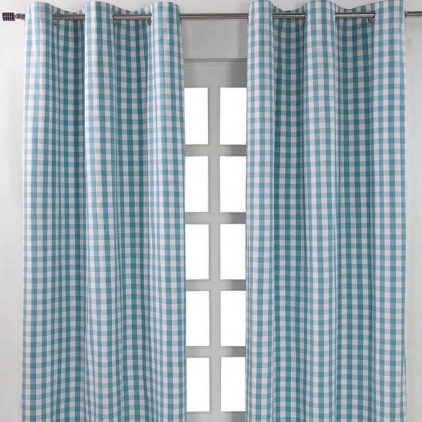Homescapes Gardine Blau karierter Ösenvorhang im 2er Pack, B 137 cm x L 117 cm