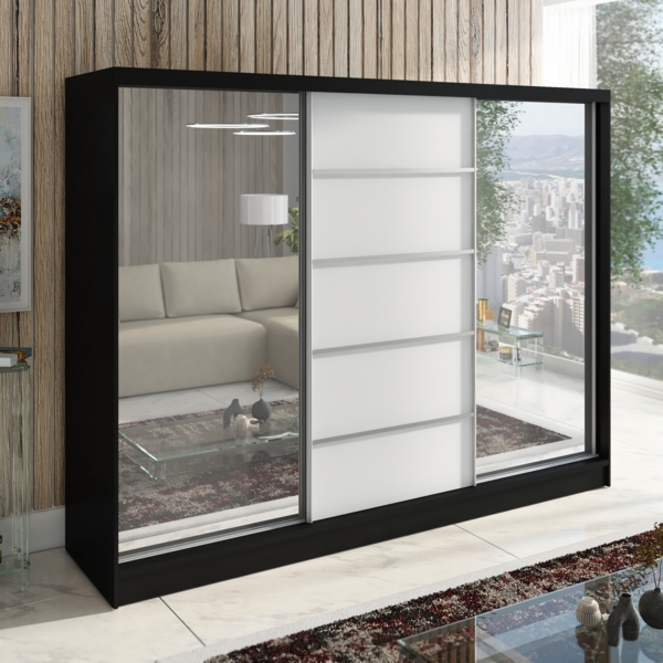 A&J MöbelLand Schwebetürenschrank TOP, 3-türig Schrank 200 cm mit Schubladen und Spiegel