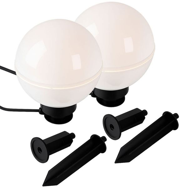 2x Außen Steckleuchten, Kugel, weiß, Erdspieß, Kabel, D 20 cm