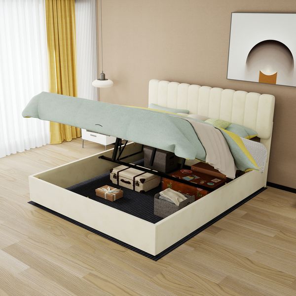 Modern Minimalist Upholstered Bed, 160x200 cm, Beige, Multi-Functional Bedroom Furniture with Soft and Comfortable Headboard, High-Profile Storage Base with Gas Lift Mechanism, Mattress Not Included.