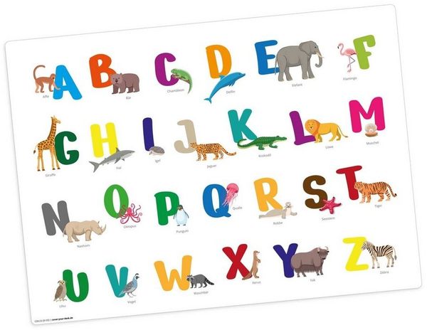 Tischsetmacher Platzset Tischset, Platzset abwaschbar - für Kinder - Buntes ABC mit Tieren, (aus erstklassigem Vinyl (Kunststoff - BPA-frei), 1-St, 44 x 32 cm - rutschfeste Tischdekoration), Made in Germany