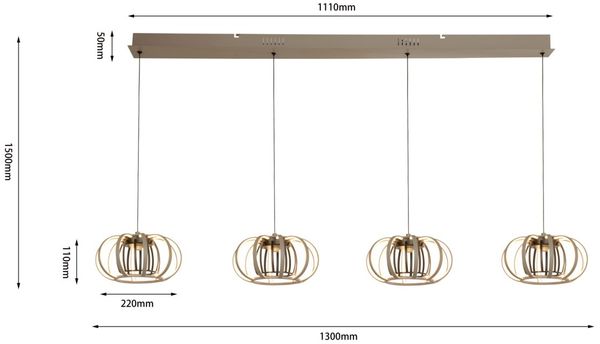 WOFI Leuchten 'MIXED' Hängeleuchte, Metall sand, 22 x 150 x 130 cm, dimmbar mit 3-Stufen-Dimmer