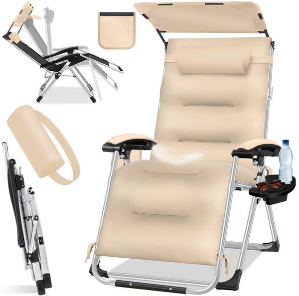 KESSER® Sonnenliege Liegestuhl, klappbare Gartenliege extra breit & Wetterfest, Belastbar 200kg, Ergonomisches Polster, verstellbare Rückenlehne inkl. Nackenkissen, Getränkehalter & Armpolster Beige, Liege (Mit Sonnendach)