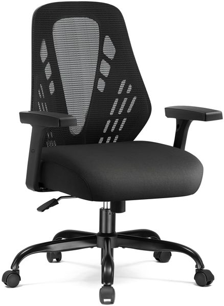 COMHOMA Ergonomischer Bürostuhl Schreibtischstuhl mit Verstellbaren Armlehnen, Gamingstuhl atmungsaktives Mesh, V-förmige Rückenlehne, Wippfunktion, Hochdichter Schaumstoffsitz, Schwarz