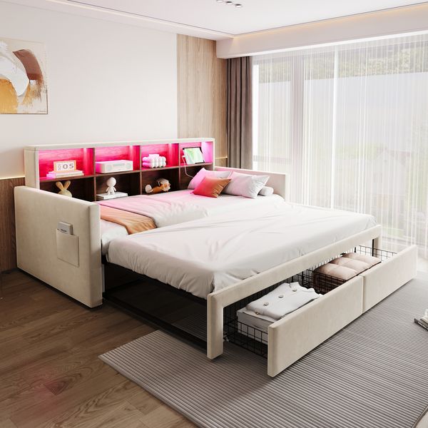 Ausziehbares Polsterbett Schlafsofa, Kopfteil mit integrierten Staufächern LED-Lichtleiste Ladesteckdosen zwei Schubladen und Lattenrost, Samtstoff, Beige, 90 x 190 cm / 180 x 190 cm