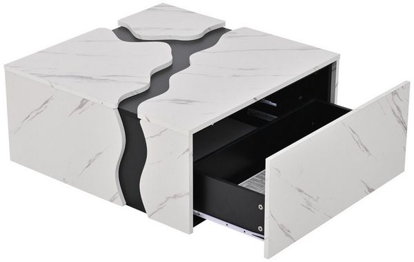KLAM HOME Couchtisch Modernes Couchtisch Mit Marmoroptik Und Geometrischem Design (Würfelförmiger Beistelltisch Mit Einzugsschublade Und Großer Ablagefläche), Stylisher Wohnzimmer Kaffeetisch In Weiß Für Kleine Räume