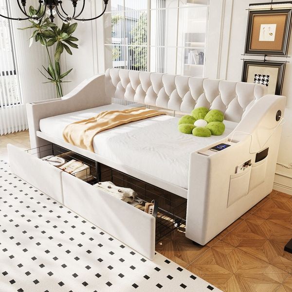 Merax Daybett 90x190 cm mit USB-Ladeanschluss und Metallrahmen (Sofabett Jugendbett Einzelbett Tagesbett aus Samt, 1 tlg), Polsterbett Schlafsofa mit Seitentaschen Schubladen Ablagen & Stauraum