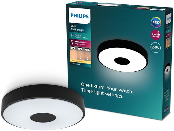Philips Coiner SceneSwitch LED Deckenleuchte, rund, 24 W, 2700 Lumen, 2700 K, Schwarz, IP20, warmweißes Licht, 3 Lichteinstellungen