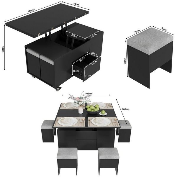VOWNER Couchtisch mit klappbarer Tischplatte – 4-in-1 Multifunktions Wohnzimmertisch (1-St), höhenverstellbar für verschiedene Anwendungen