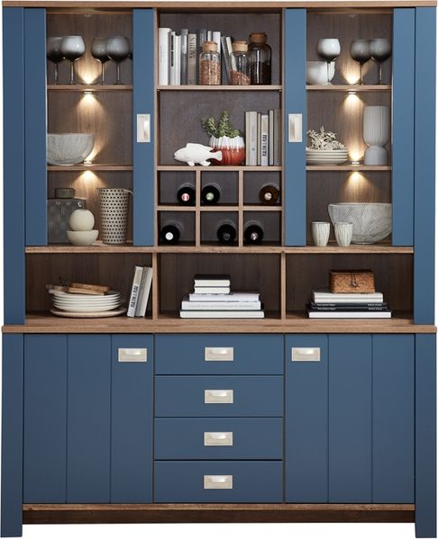 DIJON Buffetschrank in Parisian Blue, Haveleiche Cognac Optik - Vitrinenschrank mit LED-Beleuchtung und viel Stauraum - 163 x 201 x 45 cm (B/H/T)