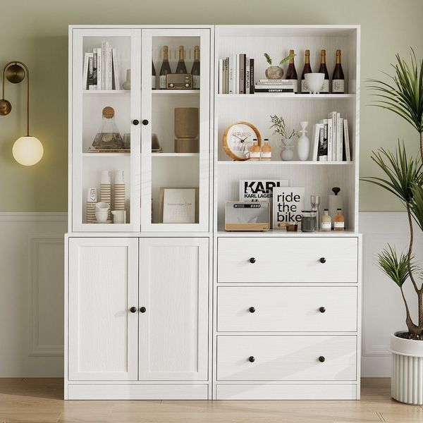 VOWNER Bücherregal 5-stöckiges Bücherregal mit Glastüren, 180 cm Vitrinenschrank, 2-tlg, multifunktionaler Küchenschrank Hochschrank & Buffetschrank
