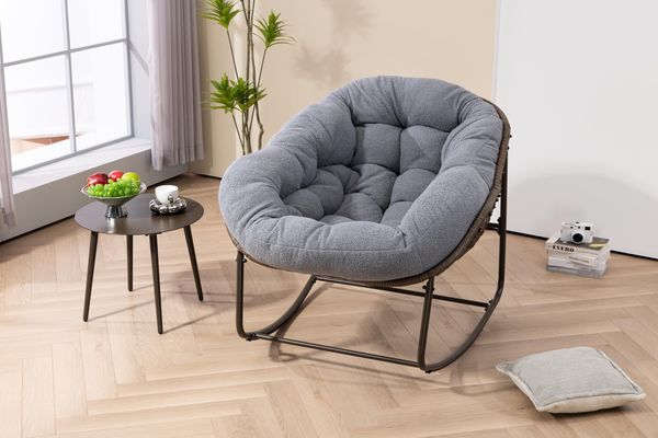 Ball & Cast Schaukelstuhl für Drinnen & Draußen, Rocking Chair mit Gepolstertem Kissen, Relaxsessel Schwingsessel für Garten, Balkon & Terrasse, Grau
