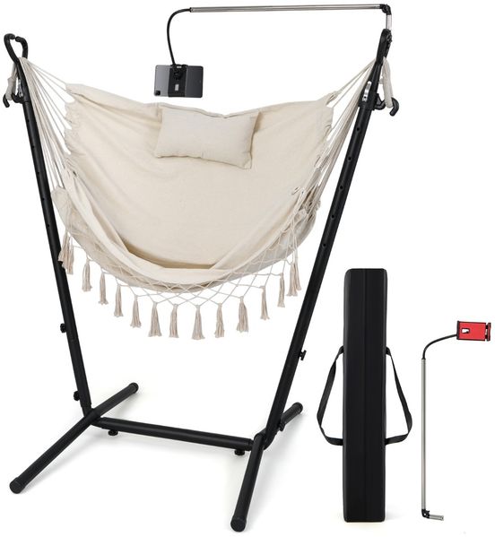Hängesessel mit Ständer Höhenverstellbarer Hängesitz mit Kissen 152 x 107 x 96-146 cm Beige