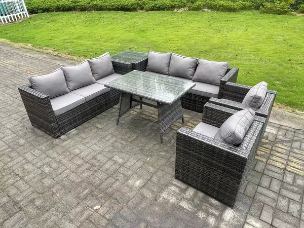 Fimous Gartenmöbel Lounge Sofa Set mit Patio Esstisch 2 Sesseln Beistelltisch 8-Sitzer Dunkelgrau Gemischt