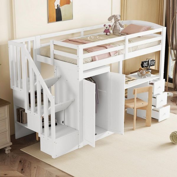 MODFU Kinderbett Hochbett mit Schreibtisch (Jugendbett, Stockbett, mit Kleiderschrank und Stauraumtreppe, 90x200cm), Ohne Matratze