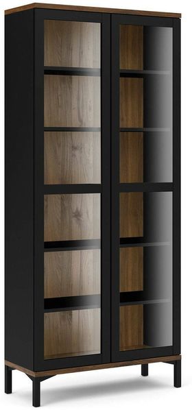 Dmora Vitrine Hudhud, Glas-Sideboard, Mehrzweckvitrine, Hängendes Bücherregal mit Glastüren, 89x36 h203 cm, Schwarz und Walnuss