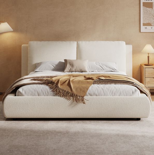 Polsterbett 180x200 cm mit Stauraum – Bett aus Bouclé in Beige mit Lattenrost