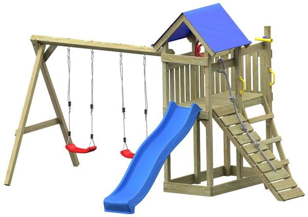 Spielturm EXPLOROO PLAY inkl. Doppelschaukel - Material: Kiefernholz - Rutschenfarbe: Blau - Maße: 421 x 334 x 258 cm