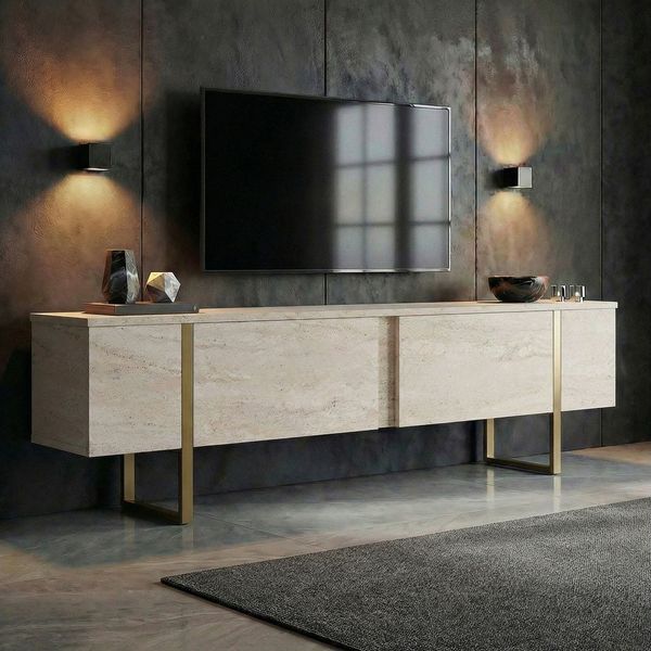 Elegant TV Stand, 180 cm, Travertine & Gold | 100% Melamine Coated Particle Board, 18 mm Thick | Modern Glam Design, Perfect for Living Room & Entertainment Spaces, Stylish Marble Finish