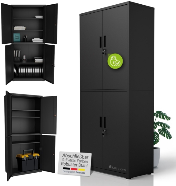 Juskys Aktenschrank aus Metall – 180x80x40 cm abschließbarer Büroschrank aus Stahl mit 3 verstellbaren Einlegeböden, höhenverstellbare Füße - Schwarz
