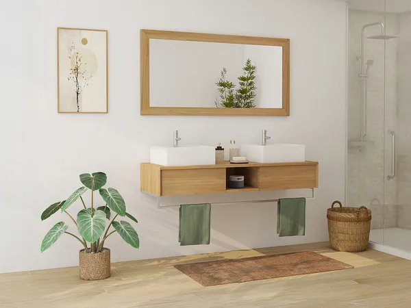 Vente-unique - KUPANG Waschbeckenmöbel Holz, Platte Beige - B 50 cm x H 32 cm x L 140 cm