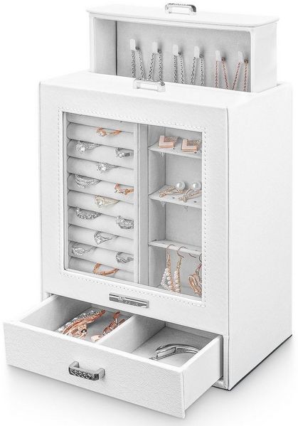 Yorbay Schmuckkasten Schmuckkoffer mit 3 Schubladen, Weiß, Schmuckkasten mit Glasfenster, Schmuckschatulle für Halsketten, Ringe, Armbänder, Ohrringe