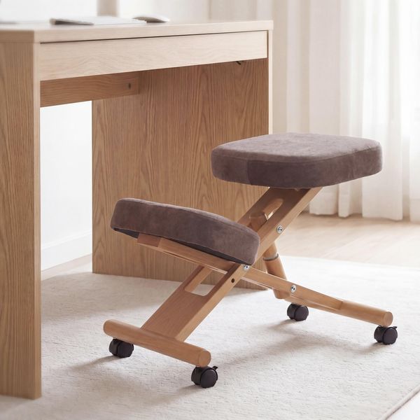 Kniestuhl HWC-Q46, Sitz-/Kniehocker höhenverstellbar Rollen Stoff/Textil (200g/m²) Holz ~ braun