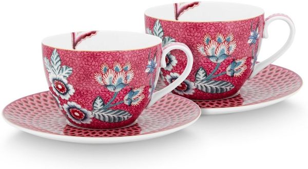 PiP Studio Tasse Flower Festival Tasse m.Unte. dark pink 280ml Set2, Porzellan, Set/2 Cups & Saucers Flower Festival Dark Pink 280ml