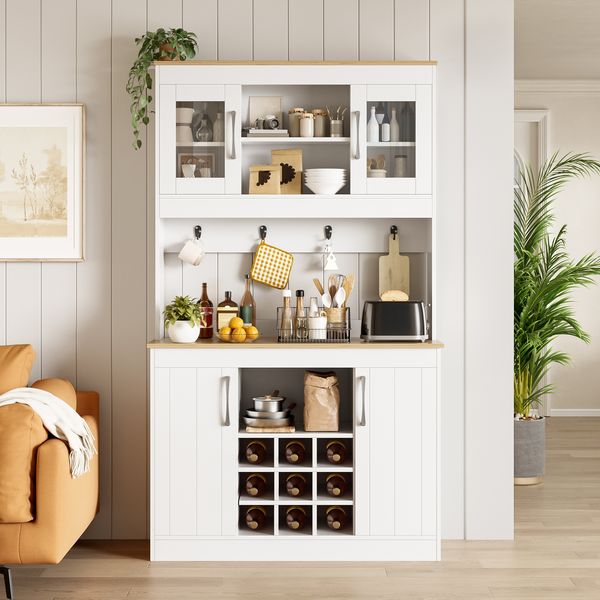Merax 175cm Küchenbuffet Buffetschrank mit Aufsatz, Küchenschrank mit Glastüren, Weinregal und Hakenleiste, großer Geschirrschrank Vorratsschrank Küchenschrank, Weiß + Holzfarbe